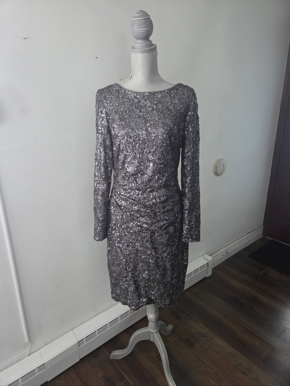 Ralph Lauren Long-Sleeve Sequin Cocktail Dress in Silver